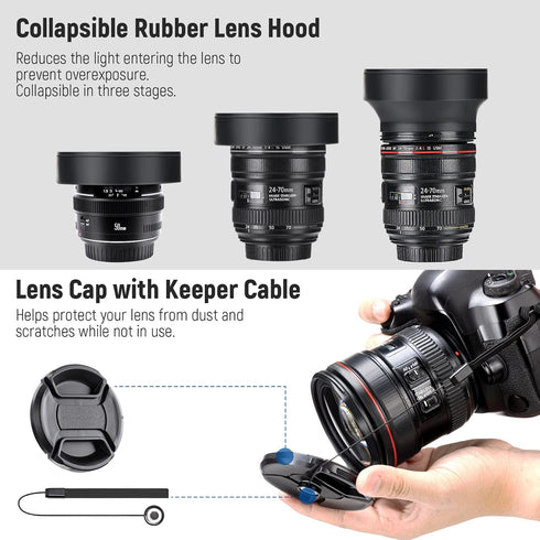 NEEWER 77mm ND2/4/8, UV/CPL/FLD Filter Kit with Lens Hoods, Cap, Pouch, Safety Tether & Cleaning Cloth