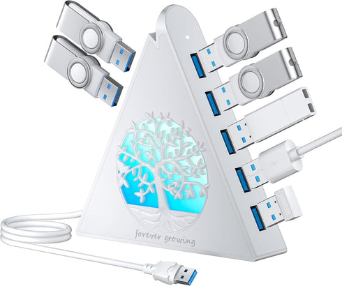 JoyReken 7-Port USB 3.0 Hub, White Vertical USB Hub Splitter with Tree-Shaped RGB