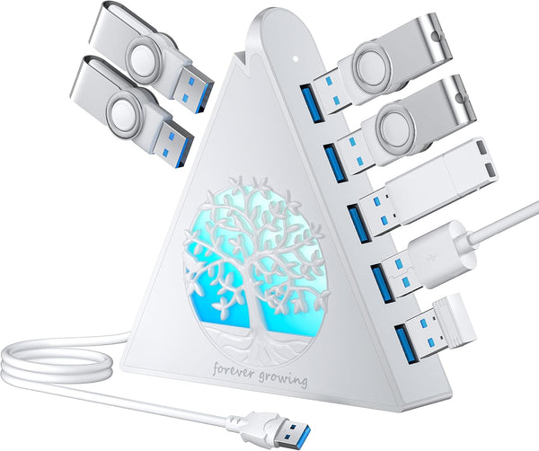 JoyReken 7-Port USB 3.0 Hub, White Vertical USB Hub Splitter with Tree-Shaped RGB