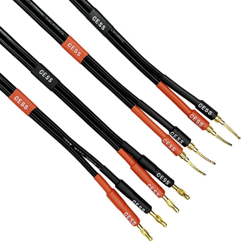 CESS-277-6f Spring Clips Braided-Type Pin Banana Plug to Standard-Type 4mm Banana Plug Speaker Cable, 12 Gauge 680 Strand Count Super Soft Silicone Wire (6 FEET)