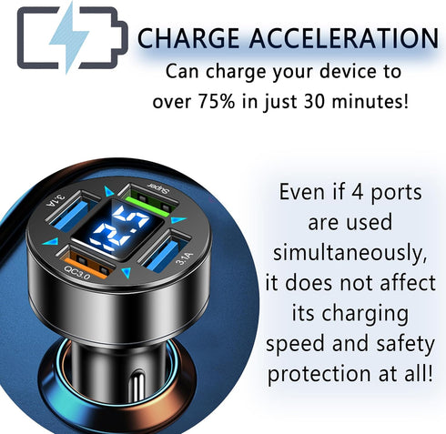 66W Fast Car Charger, 4 Ports Cigarette Lighter USB Charger with LED Voltmeter, QC3.0/Super Port Fast Charging Adapter