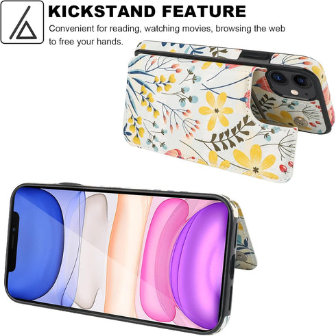 HAOPINSH 11 6.1" for iPhone Wallet Case with Card Holder, Floral Flower Pattern Back Flip Folio PU Leather Kickstand