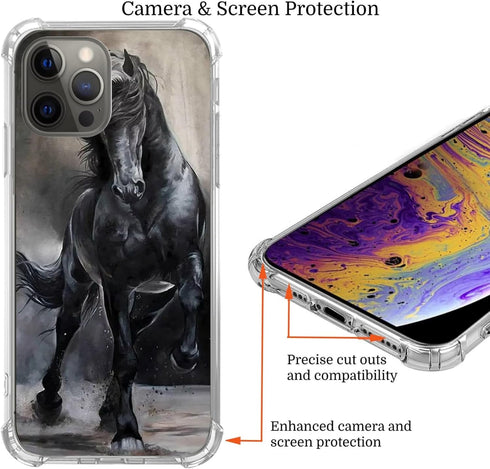 Black Horse Case for iPhone 13 Pro, Unique Trendy TPU Bumper Cover for Girls Boys Women Men, Cool Animal Cover