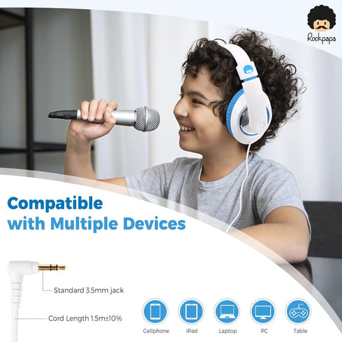 rockpapa Comfort Kids Headphones for School, Lightweight Over-Ear Wired 3.5mm for Boys Girls Teens, Travel White/Blue