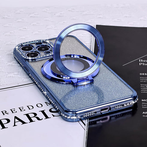 Fycyko Magnetic Case for iPhone 13 Pro Max, Blue Rhinestone Glitter, Shockproof Kickstand, Compatible with MagSafe