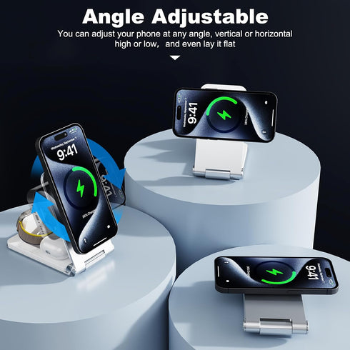 Foldable Aluminum Alloy 3 in 1 Magnetic Wireless Charger, Charging Station for Travel/Home/Office, Compatible with