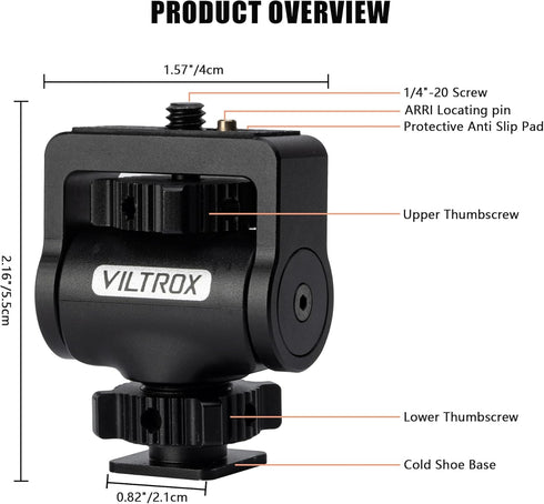 VILTROX Camera Monitor Mount with Cold Shoe, 360° Swivel and 180° Tilt Adjustable for 5" & 7" Field Monitors