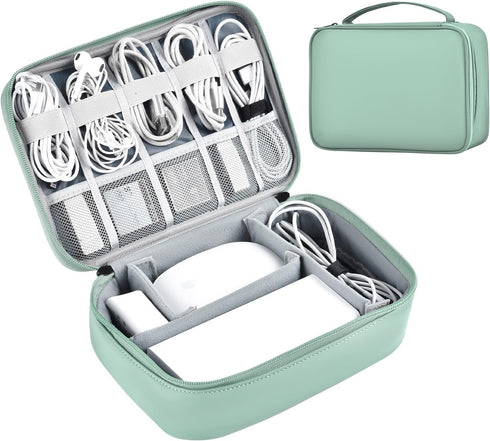 Large Capacity Electronics Accessories Organizer Travel Case, Waterproof Leather Cord Organizer, Light Green