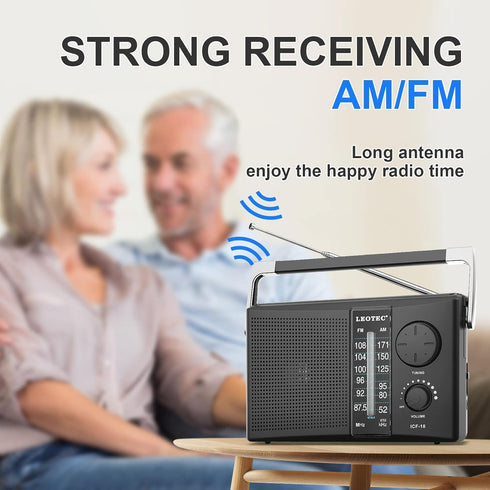 LEOTEC Portable AM FM Radio with Best Reception, Battery Operated or AC Power, Black
