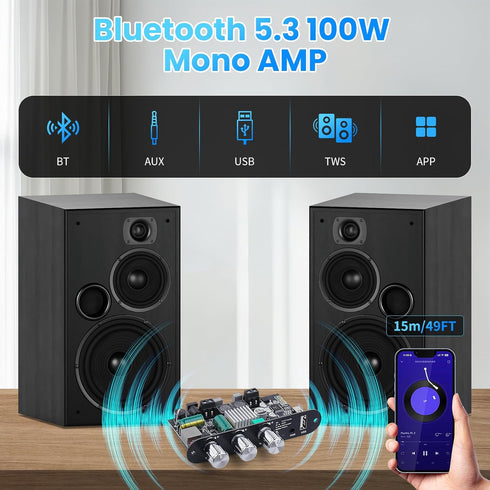 2 Pack ZK-1001U 5.3 100W 9-24V Bluetooth Mono Amplifier Board with TWS & Boost Circuit, Mini Audio Amp for Home Outdoor