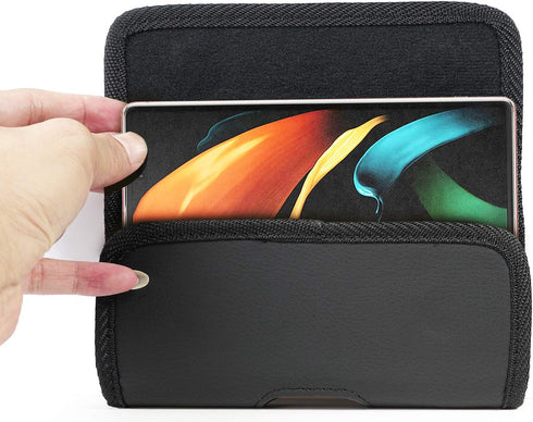 Nakedcellphone Case for Galaxy Z Fold 5 Phone - Black Vegan Leather Horizontal Pouch with Metal Belt Clip, Magnetic