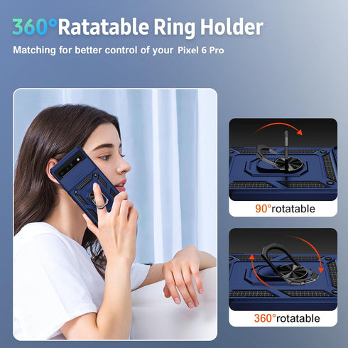 Military Grade Drop Protection Case for Google Pixel 6 Pro, with Slide Lens Cover and Magnetic Ring Holder (Navy Blue)