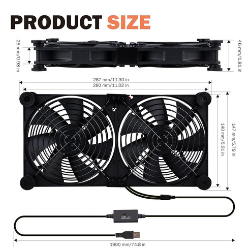 140mm 3-Degree 5V Quiet Dual Router Fan Cooler with L/M/H Speed Controller, DC USB Powered Cooling Case Fan for Router