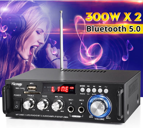 Facmogu 298A Max 300Wx2 Wireless Bluetooth 5.0 Stereo Audio Amplifier, RMS 40Wx2 Power Amp 2 Channel Stereo Receiver for Home Theater Speakers, Bass & Treble Control, USB/SD/RCA/MIC/FM in, Remote