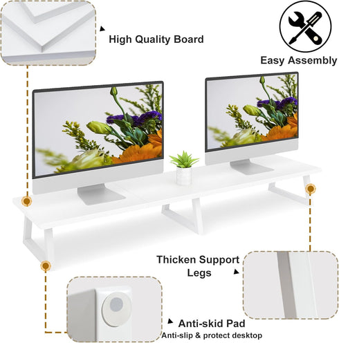 TEAMIX 42 inch White Monitor Riser for 2 Monitors, Wood Desktop Dual Stand with Metal Legs, Computer Shelf, White
