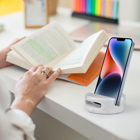 Elegant and Versatile White Marble Phone Stand with Sound Amplification Round Phone Holder Function for Desk,Kitchen,Bathroom,and Bedside