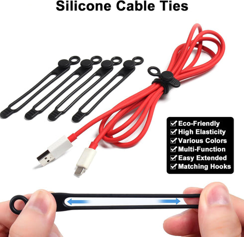 48Pcs Cord Organizer Kit, Reusable Elastic Silicone Cable Ties, Strong Adhesive Cable Clips for Cable Management, Multipurpose Wire Management for Bundling and Fastening Various Wires (Black by OneLeaf