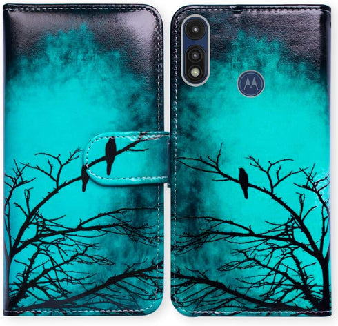 Case for Moto E 2020/Motorola E, Black Bird Green Leather Flip Wallet Cover with Card Slot Holder Kickstand