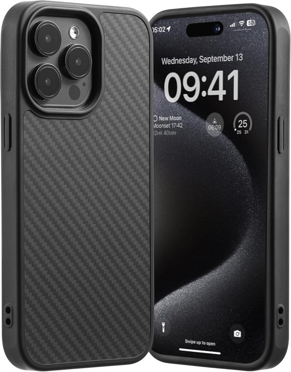 Tigowos Real Carbon Fiber Case for iPhone 15 Pro Max - Sturdy Protective Case, MagSafe Compatible, Carbon Fiber Black