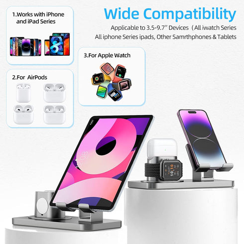180° Rotation Phone Charger Stand Holder, 3in1 Charger Dock for Apple iWatch/AirPods/iPad and Most Smartphones (Gray)