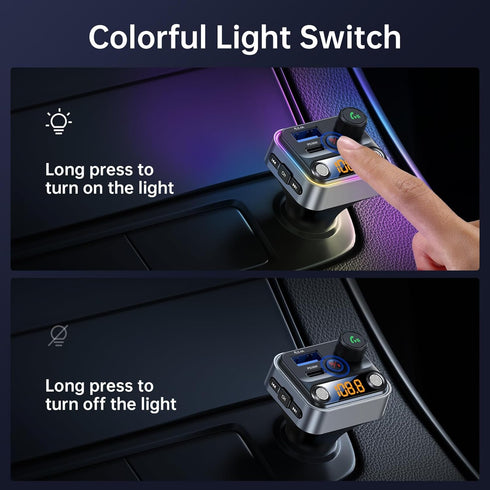 Syncwire Bluetooth 5.4 FM Transmitter Car Adapter 42W, Light Switch, Stronger Dual-mic, HiFi Bass Sound, Fast Charging,