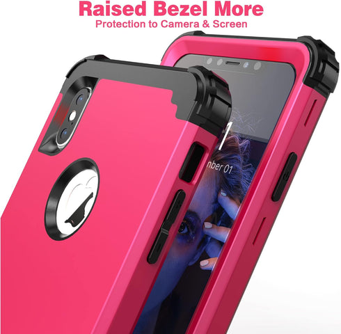 IDweel for iPhone Xs Max Case with Tempered Glass Screen Protector, 3 in 1 Heavy Duty Protection, Rose Red