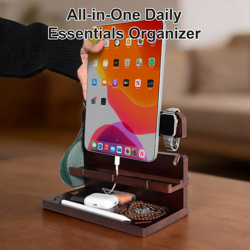 Oraich Wooden Phone Docking Station for Men, Nightstand & Desktop Organizer, Charging Stand for Phone, Watch, Wallet