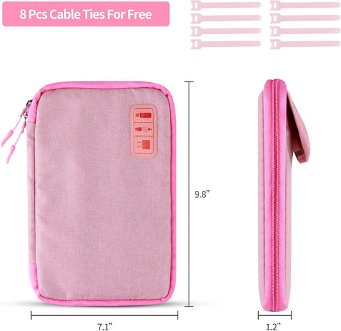 Cable Organizer Bag, Pink Travel Accessories Carry Case for Cable, Charger, Phone, USB, SD Card with Ties