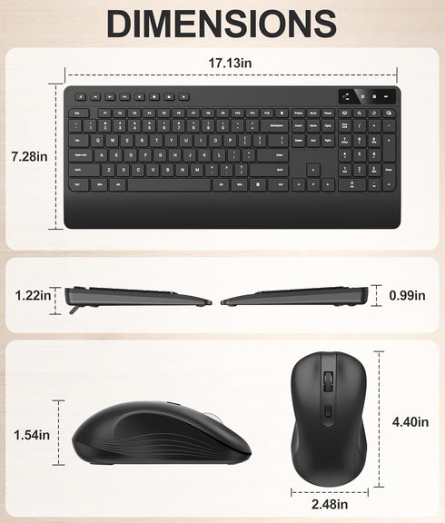 Hamile 3-Level 2.4GHz Quiet Wireless Keyboard and Mouse Combo DPI Silent Mouse, Full-Size Ergonomic Wrist Rest