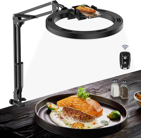 Overhead Camera Mount with Selfie Ring Light and Phone Holder, 10" LED Ring Light for Desk with Stand and Remote for