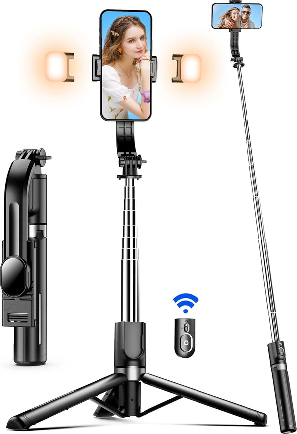 45" Selfie Stick Tripod with 2 Lights, Extendable 5 in 1 Selfie Stick with Wireless Remote for iPhone, Samsung, Android