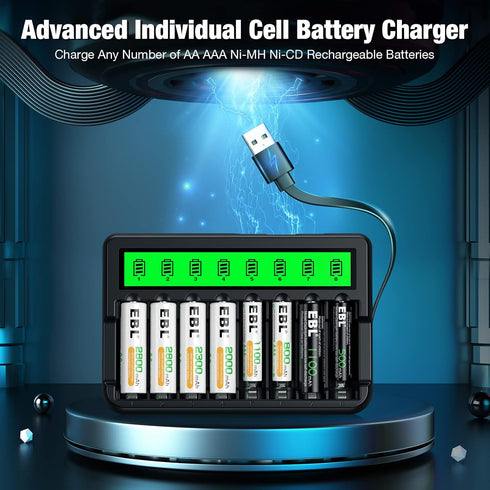 EBL 8 Pack 2300mAh 8-Bay Rechargeable AA Batteries and Battery Charger with Built-in Charging Cable, Ni-MH Duable A