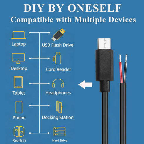 2 Cable,5V 3A 22AWG 2 Repair-0.5M/1.64FT (2PCS) USB Type-C Pin Bare Wire USB C Male Plug to Pin Open End Pigtail
