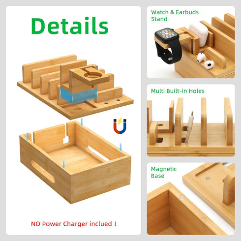 LEOKKARR Bamboo Charging Station with Watch Stand, Desktop Charging Station Organizer, Wood Docking Station for Phones