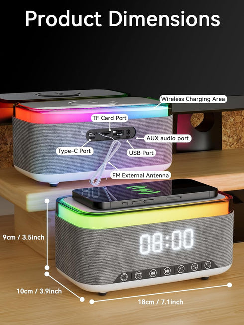 Reatsoc 10w 10W 12-Color Alarm Clock Bluetooth Speaker with Fast Wireless Charger for iPhone Samsung, Stereo Bluetooth