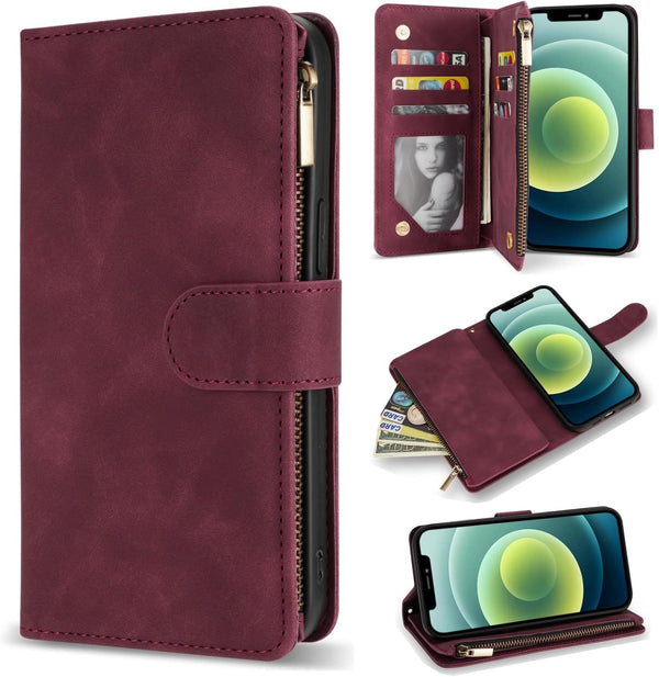 ZZXX iPhone 12 Mini Wallet Case with Card Slot - Premium Soft PU Leather Zipper Flip Folio, Wine Red