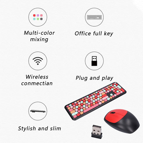 Girl 110Keys Keyboard Mouse Combo, Retro Mixed Color Keyboard with Cute Mouse Set, 1200 DPI 3Keys Mouse for Gaming PC