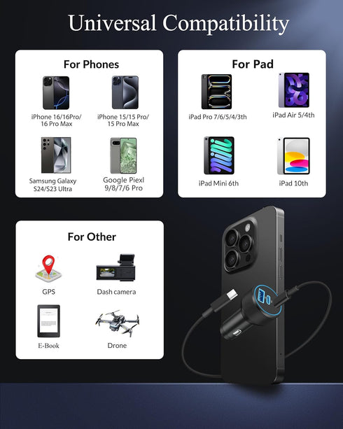 USB C Fast Car Charger for iPhone 16/16 Pro Max/15/15 Pro Max, 2 Pack 67W 3-Port Adapter with USB C to C Cable