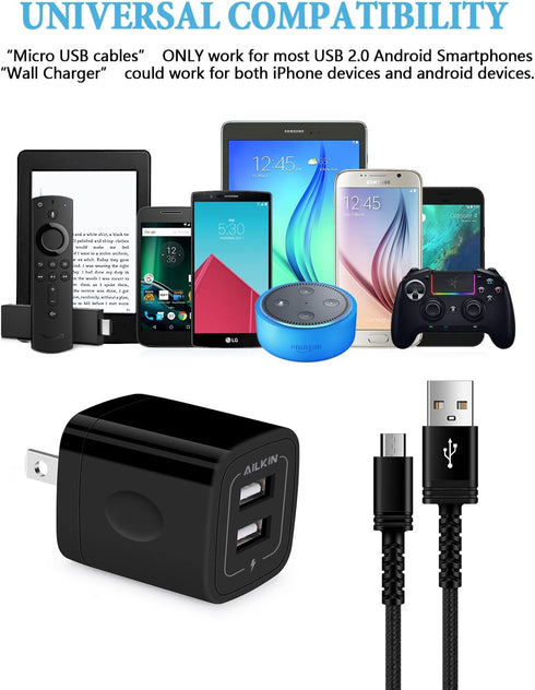 Dual USB Wall Charger with 6FT Fast Charging Cable for Kindle Fire HD, Samsung J8/J7 Pro, and more. Micro USB