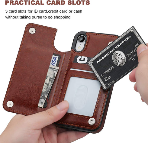 iPhone XR Wallet Case with Card Holder, Premium PU Leather Kickstand, Double Magnetic Clasp, Shockproof Cover (Brown)