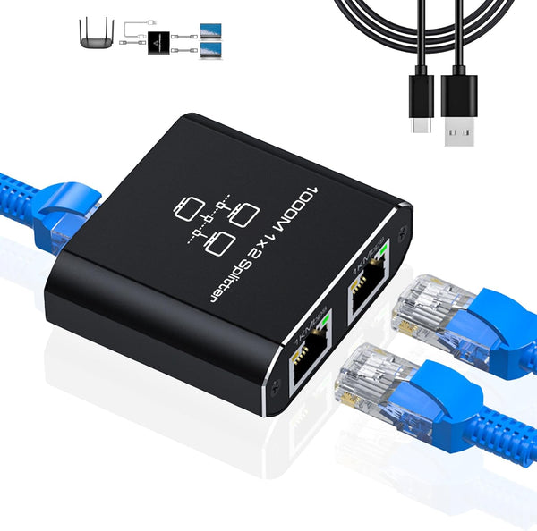 Gigabit Ethernet Splitter 1 to 2 - RJ45 Internet Splitter Adapter with USB Power Cable, 1000Mbps High Speed for 2
