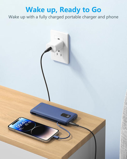 Charmast Portable Charger with Built-in Cables, 10000mAh USB C Power Bank, Fast Charging 15W, Slim External Battery Pack