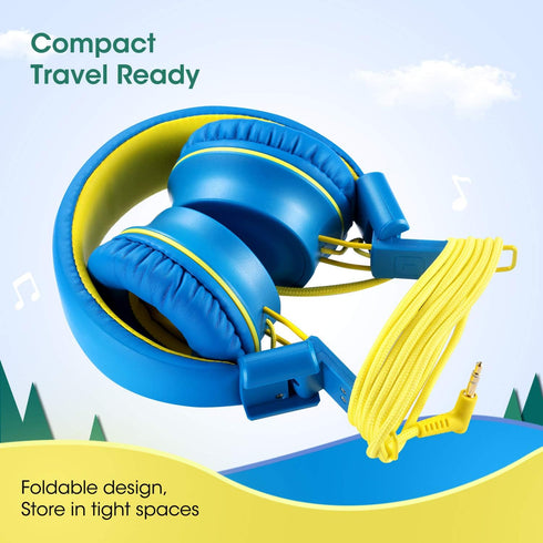 Noot Products K33 Kids Headphones, Foldable Stereo Wired On-Ear Headset with 5ft Long Cord, Electric Blue