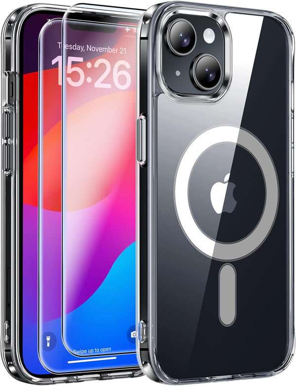 JAME Clear iPhone 15 Case, Shockproof Slim Fit, Magnetic, Compatible with MagSafe, Includes 2 Glass Screen Protectors.