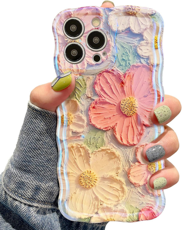 UEEBAI Colorful Retro Oil Painting Flower Case for iPhone 14 Pro Max, Cute Sparkly Floral Curly Cover (Orange Yellow)