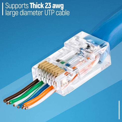 GTZ RJ45 Cat6/6a Pass Through Connectors for Thick 23 AWG Network Cable, 200 Pcs with Insert Guides