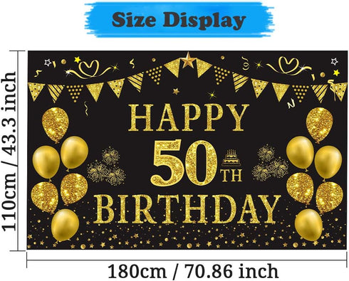 Trgowaul 50th Birthday Backdrop Gold and Black, 5.9 x 3.6 Ft Happy Birthday Party Decorations Banner for Photography