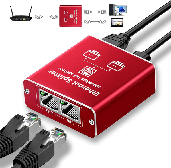 Goalake Ethernet Splitter 1 to 2 High Speed 1000Mbps, Gigabit Ethernet Splitter, LAN