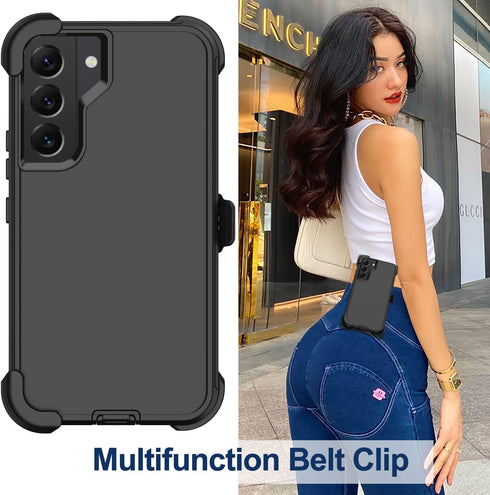 Samsung Galaxy S22 Heavy Duty Case with Belt Clip Holster, 2X Screen Protector, Rugged Military Grade Protection (Black)