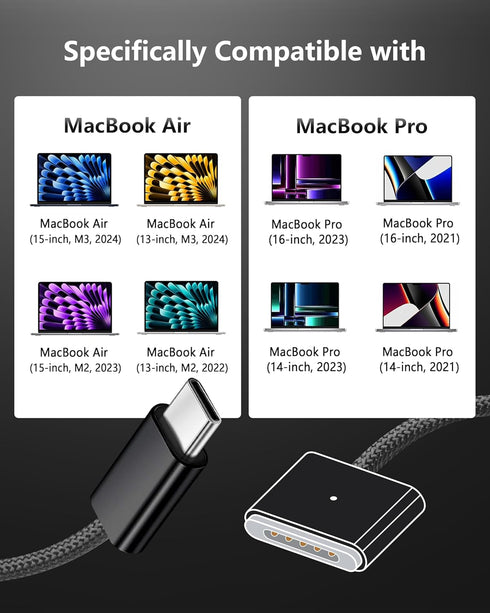 ZeitNah 140W USB C to Magnetic 3 Cable (2m/6.6ft), Compatible with MacBook Pro, MacBook Air, Black